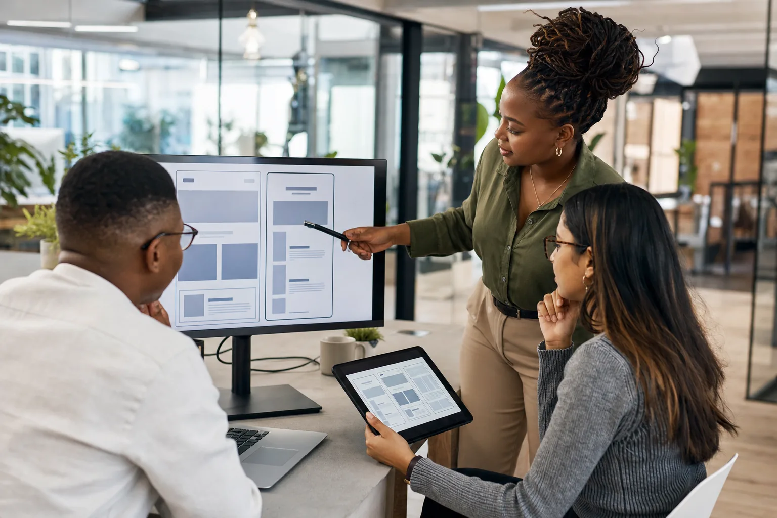 South African web development team reviewing responsive wireframes on a monitor in a bright Sandton studio