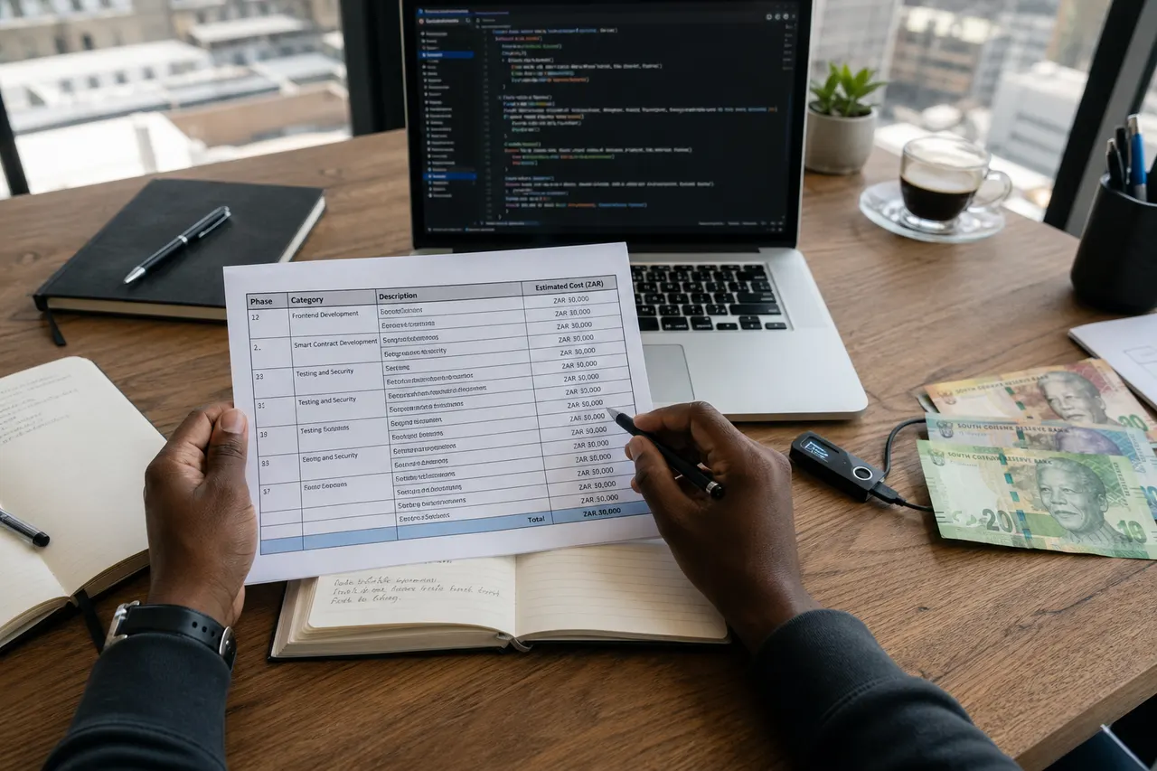 Hands reviewing a Web3 project budget spreadsheet beside a laptop with smart contract code and South African Rand notes