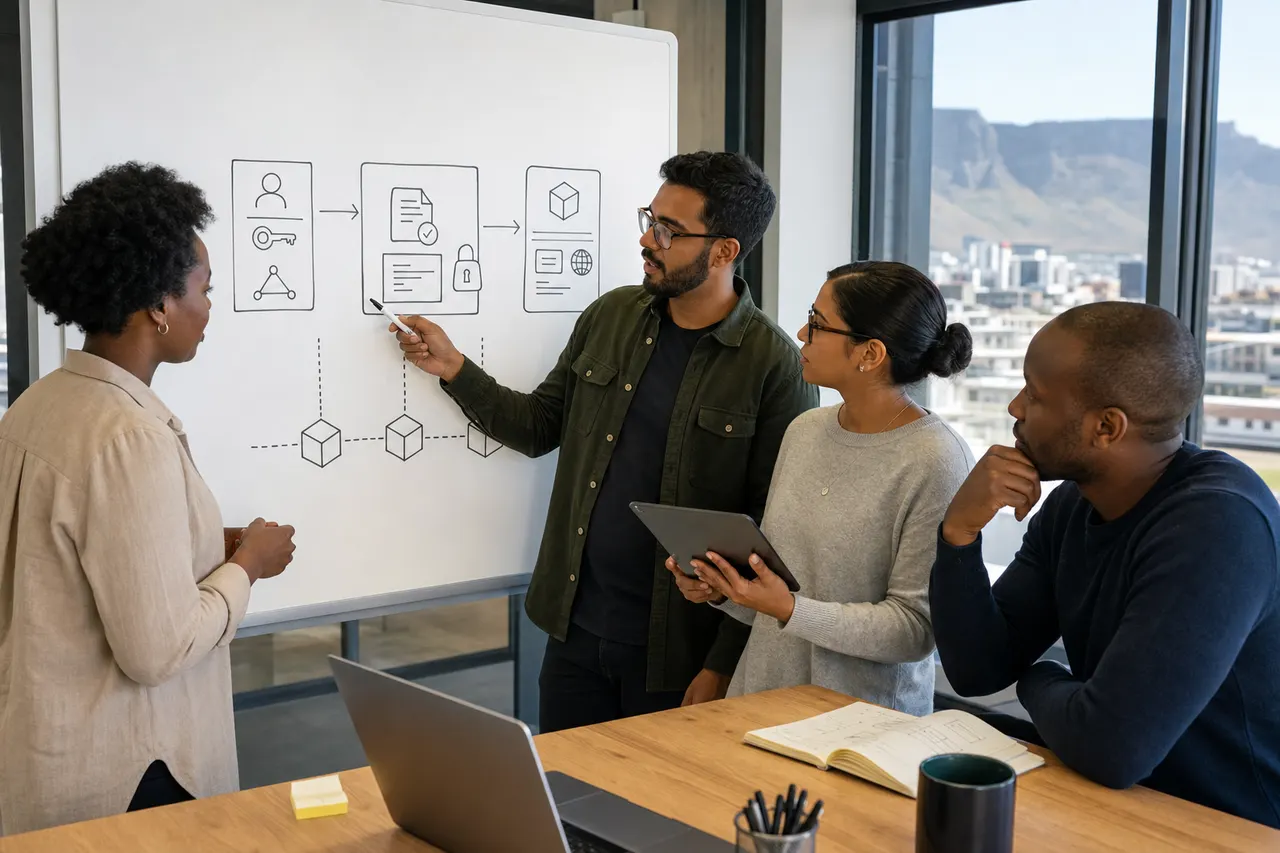 South African Web3 product team reviewing blockchain architecture sketches on a whiteboard in a Cape Town studio