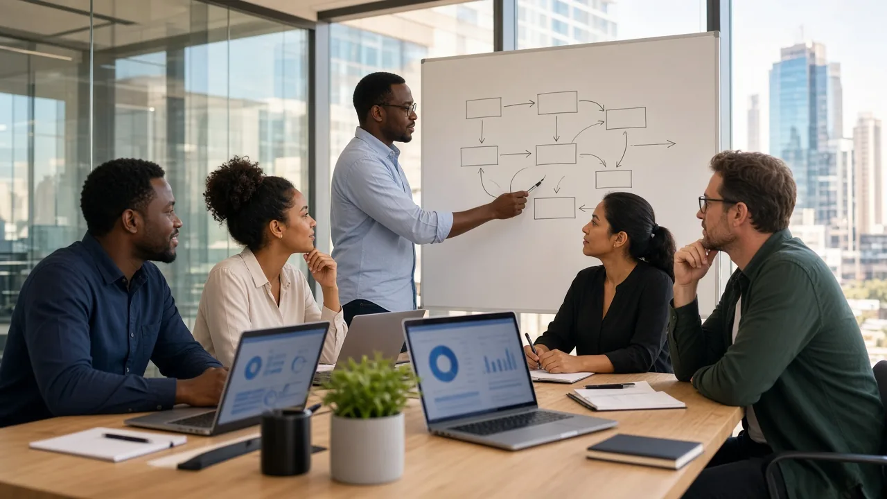 South African banking technology team planning secure digital financial software with connected customer and operational workflows.