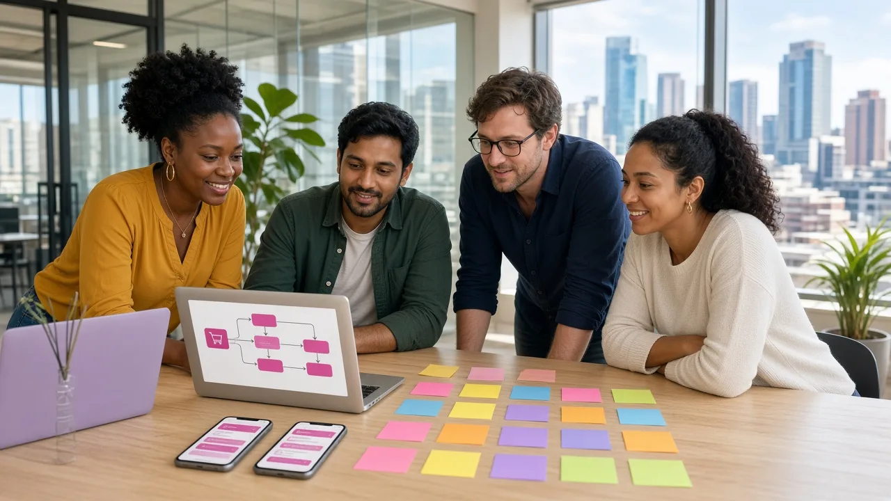 Financial technology developers discussing a custom BNPL payment application through digital checkout dashboards and collaborative planning