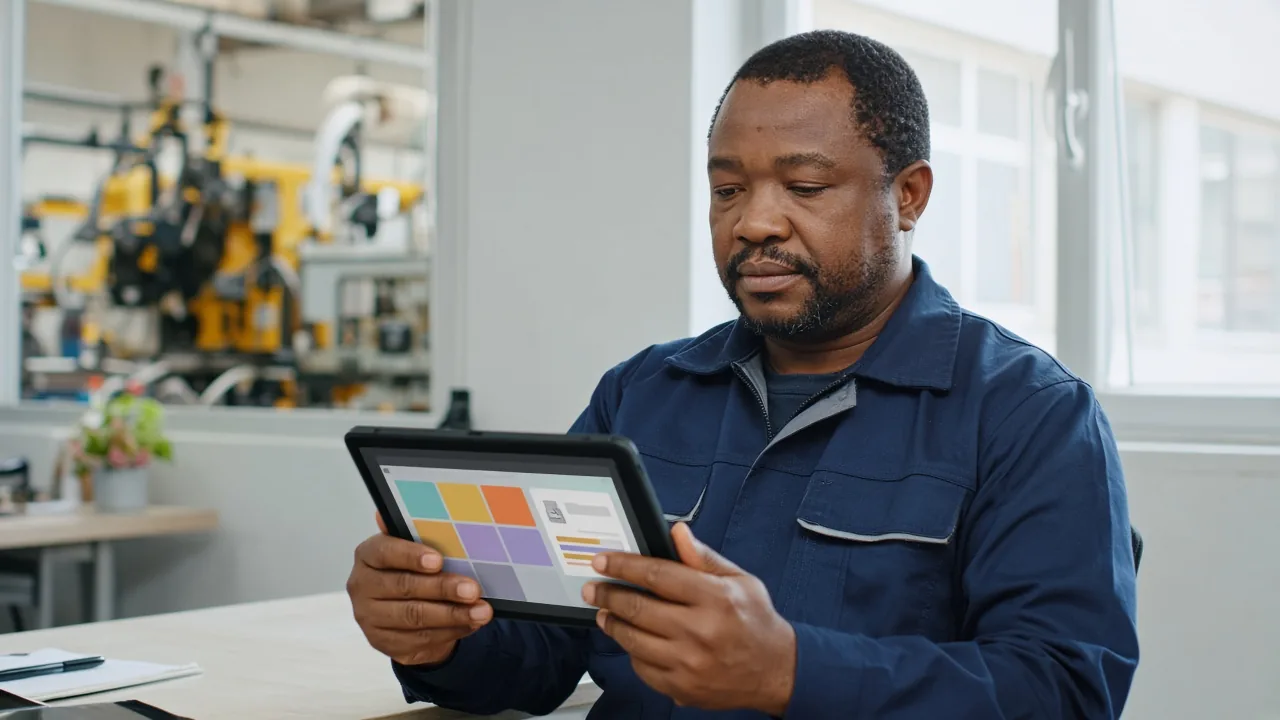Maintenance supervisor in a bright South African workshop office reviewing equipment status on a tablet.