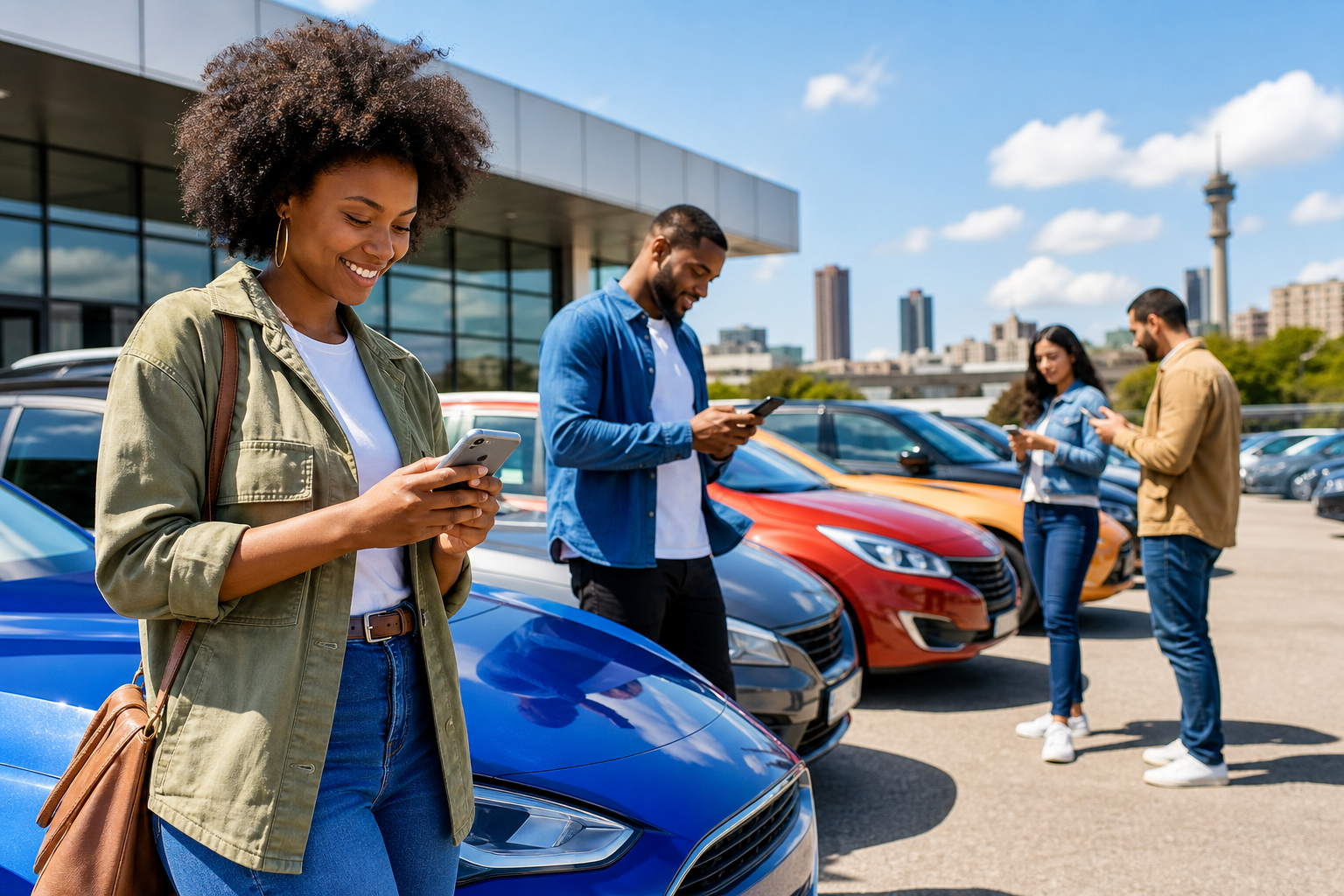 Bright car rental marketplace with customers browsing vehicles on smartphones at a sunny Johannesburg rental lot