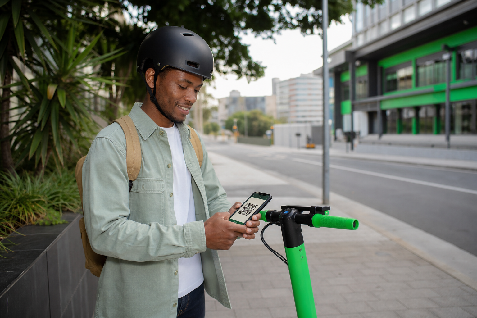 Bright electric scooter sharing app with QR code unlock and ride history for South African riders