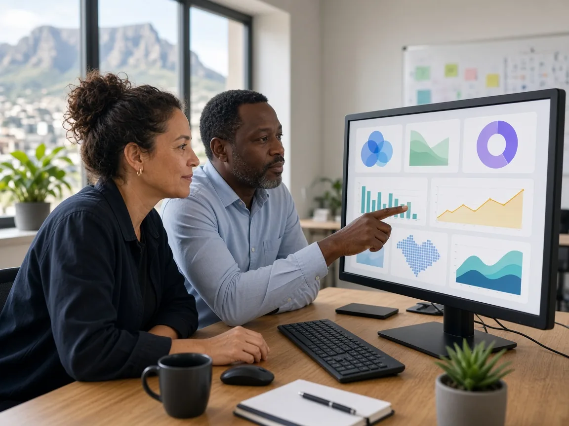 Designer and energy manager reviewing a custom operations dashboard in a bright South African office.