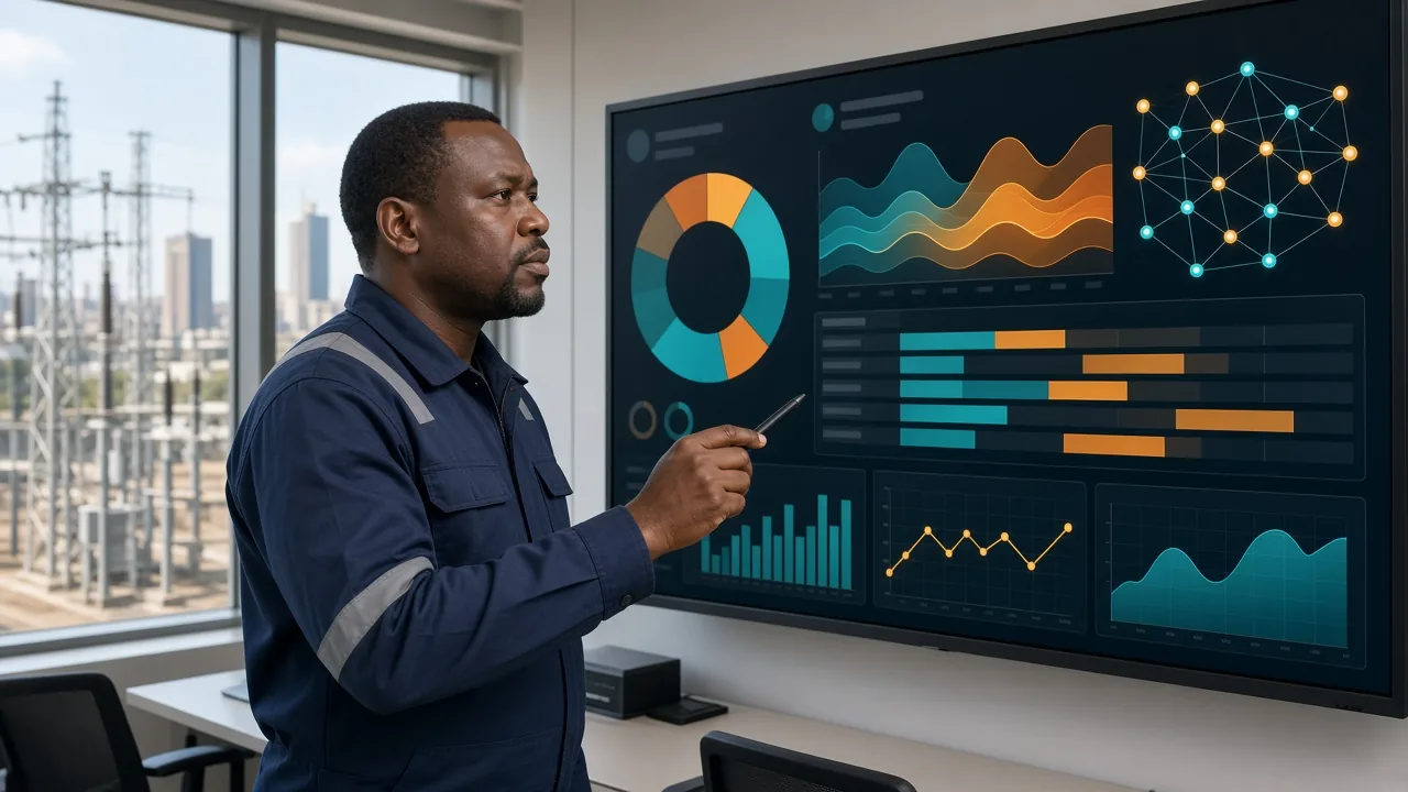 Energy operations supervisor in a bright Johannesburg control room reviewing an abstract consumption dashboard.