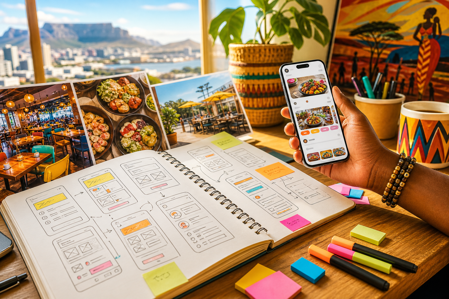 Product team planning a multi-restaurant food delivery marketplace on a whiteboard in a Cape Town studio