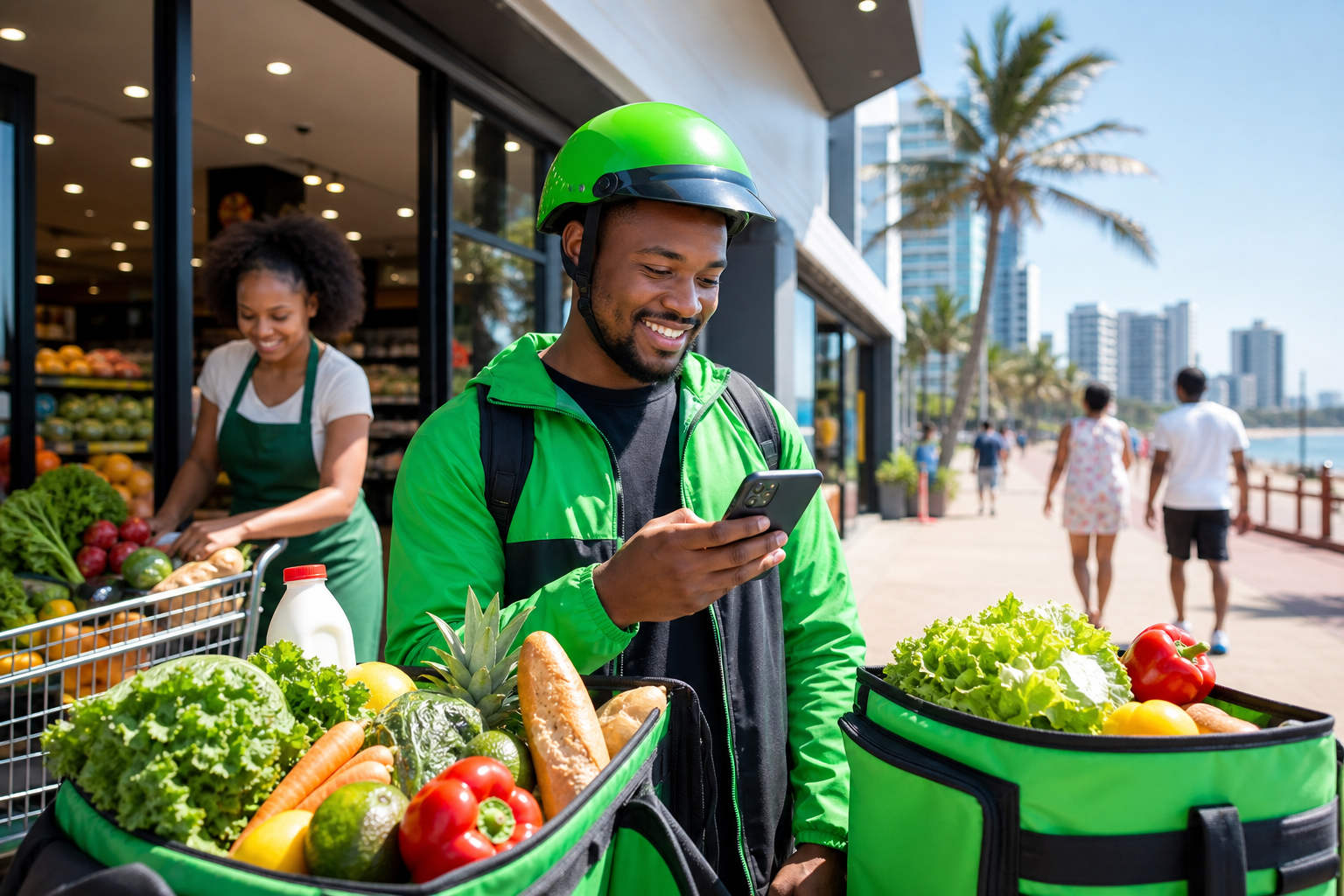 Food delivery courier and restaurant staff coordinating orders with a mobile app in a Johannesburg kitchen