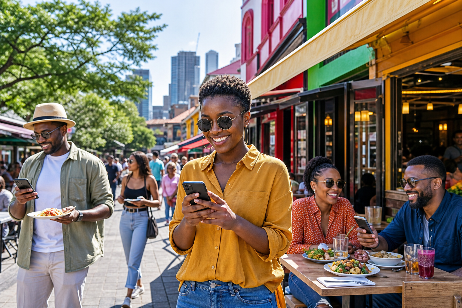 Bright multi restaurant food delivery marketplace in Johannesburg with smartphones and restaurant storefronts