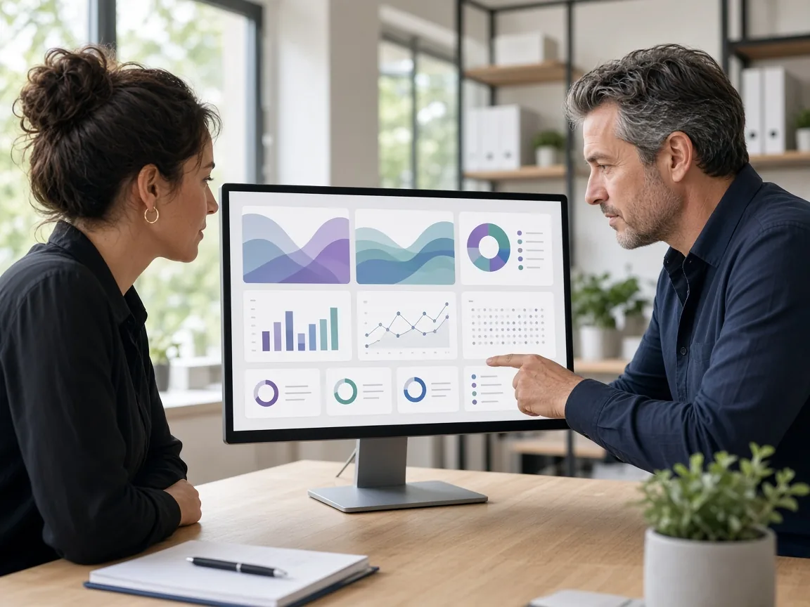 Designer and franchise director reviewing a custom outlet dashboard in a bright office.