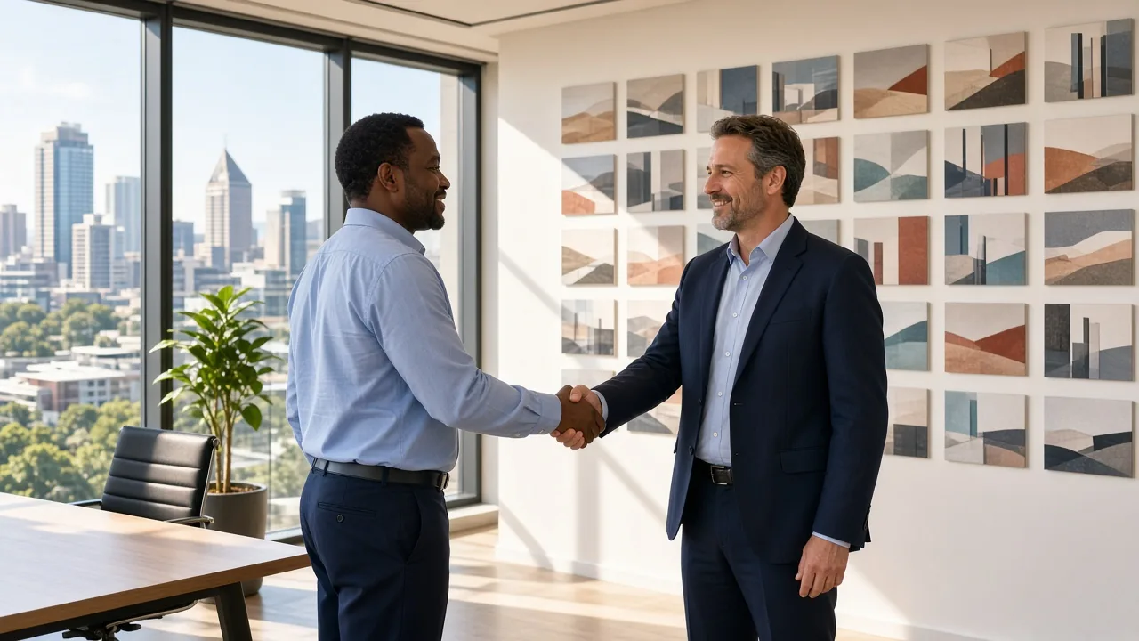 Franchise manager welcoming an owner in a bright Sandton office with abstract outlet cards.
