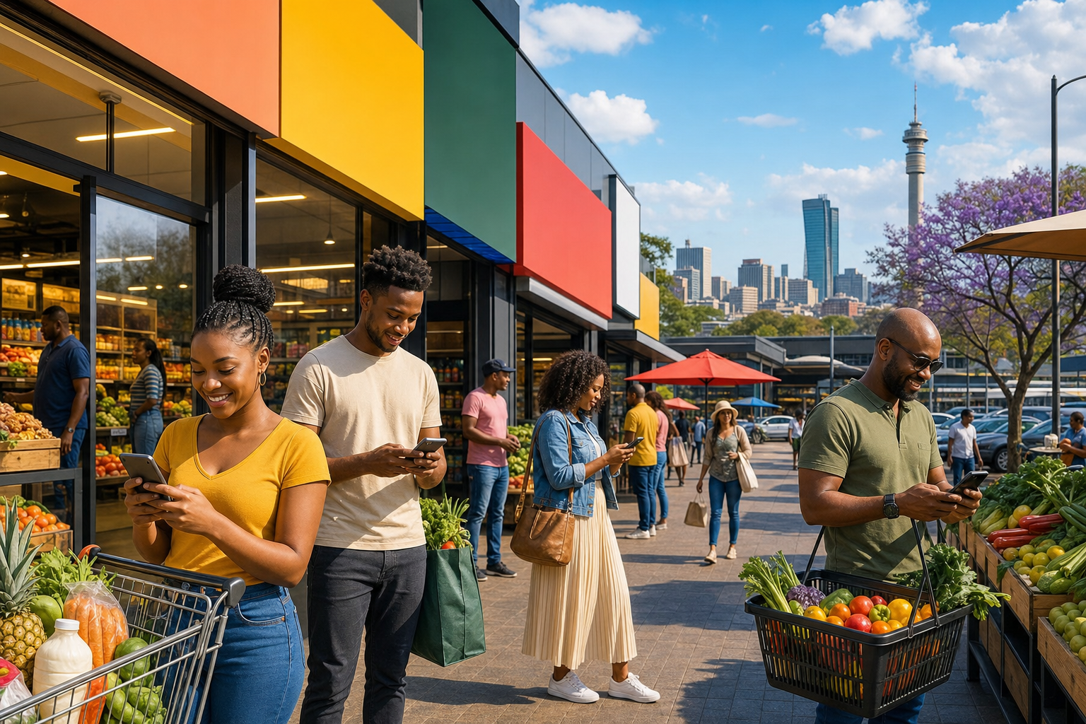 Bright multi store grocery marketplace with customers shopping from multiple South African stores