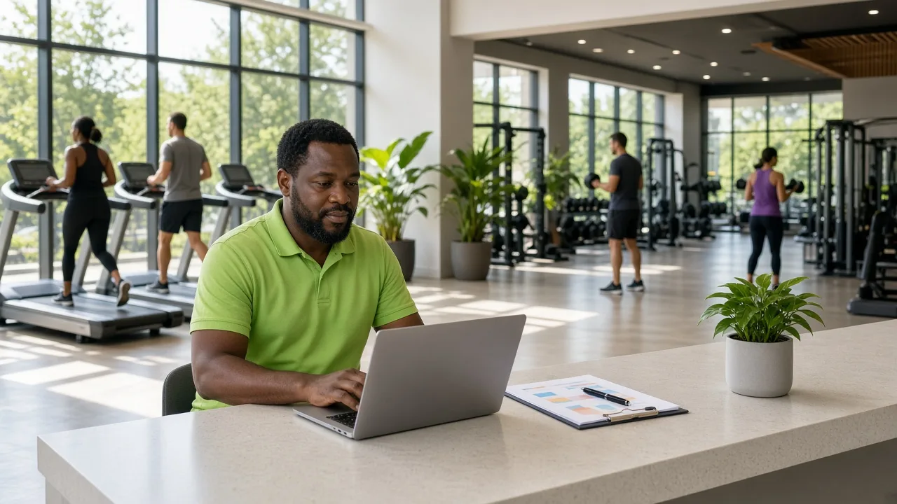 Fitness centre manager reviewing membership records on a laptop while gym members exercise with modern equipment in the background.