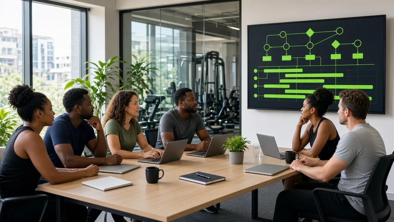 Fitness business team planning gym management software with membership workflows, class schedules, and project timelines in a bright South African meeting room.