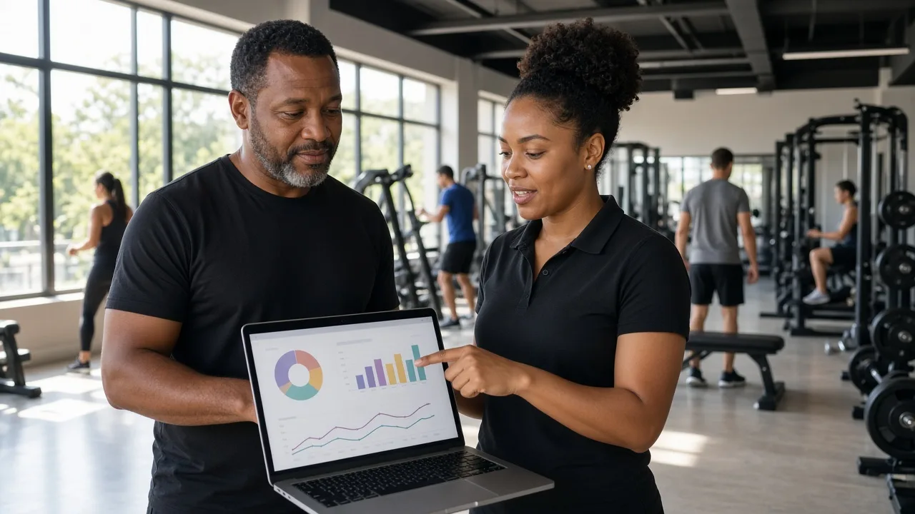Fitness centre owner reviewing membership statistics and class schedules with a staff member in a modern South African gym.