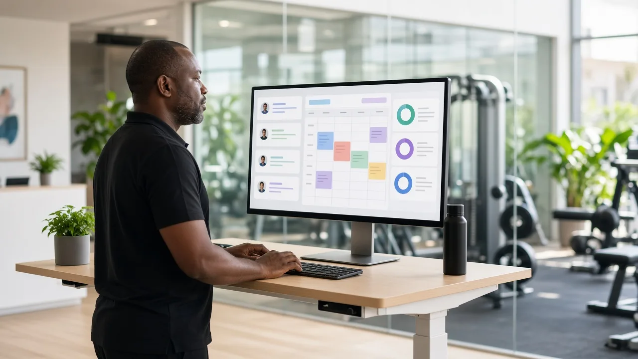 Gym manager using customised management software to review member profiles, class schedules, payments, and fitness centre operations.