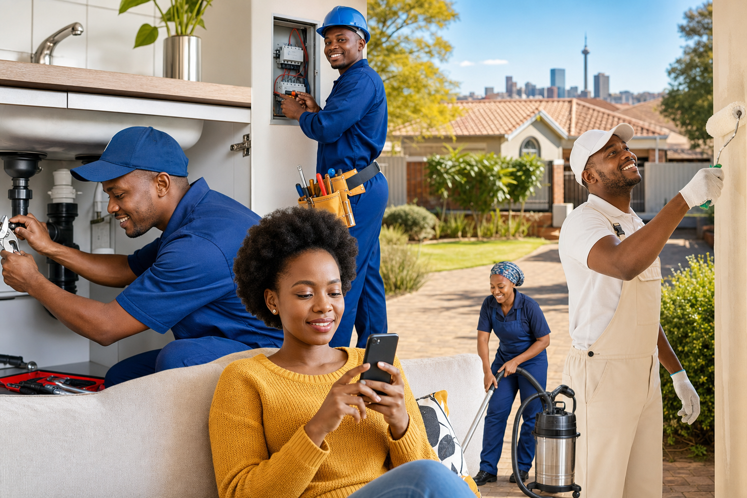 Bright multi service handyman marketplace with customers booking home services in South Africa