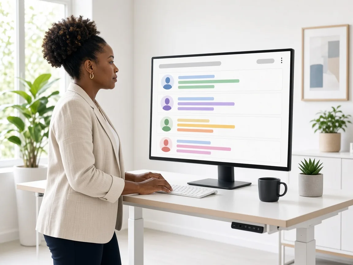 Human resources manager reviewing employee records and workforce analytics on a customised software dashboard.