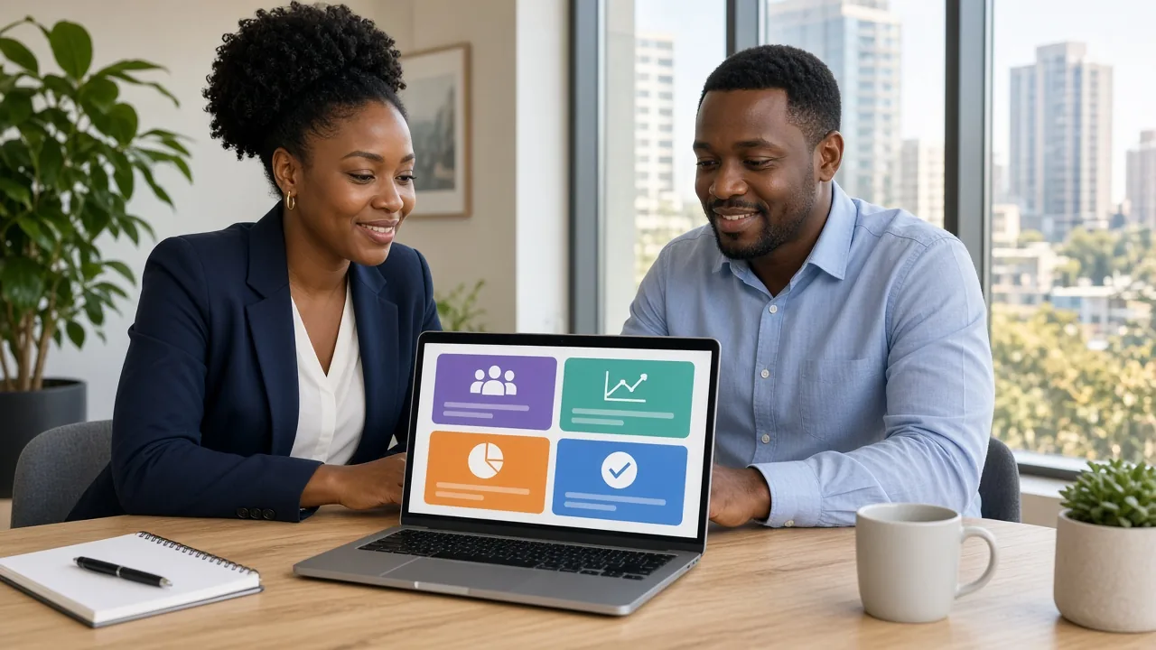 South African human resources professionals managing employee information and payroll through a modern HRMS software dashboard.