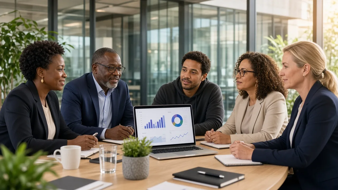South African business leaders discussing a customised HR management platform with software developers in a contemporary office.