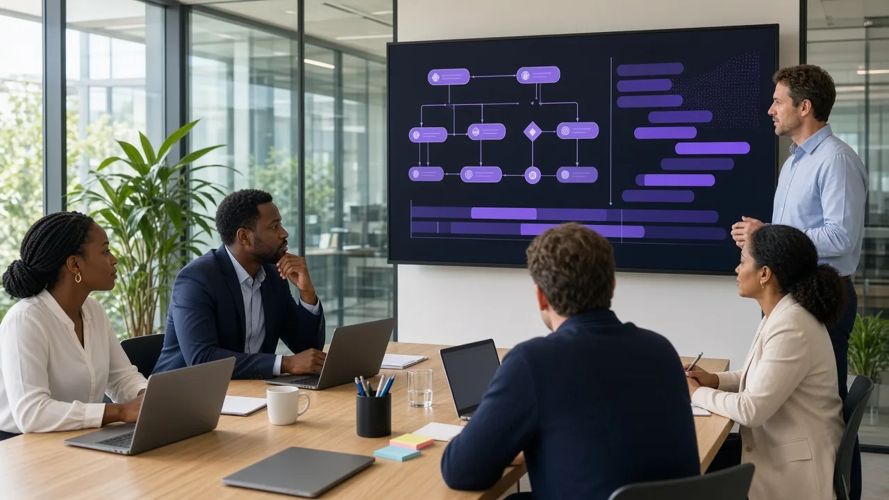 Finance team planning custom invoice software with billing workflows, payment reports, and project timelines in a bright South African meeting room.