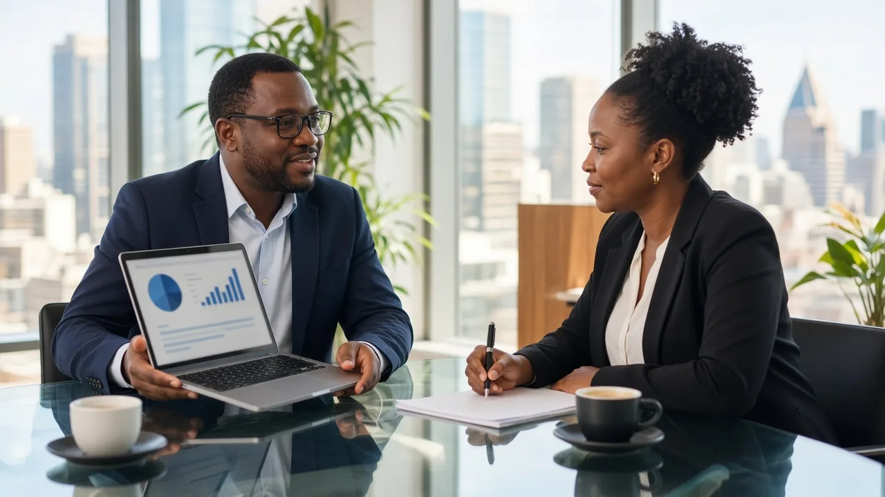 Finance manager reviewing automated invoices and payment reports on a laptop while discussing billing workflows with a colleague.