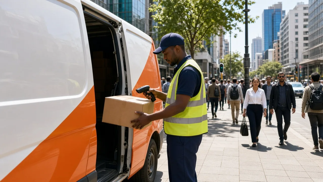 Delivery driver scanning parcels beside a branded delivery van on a busy South African city street.