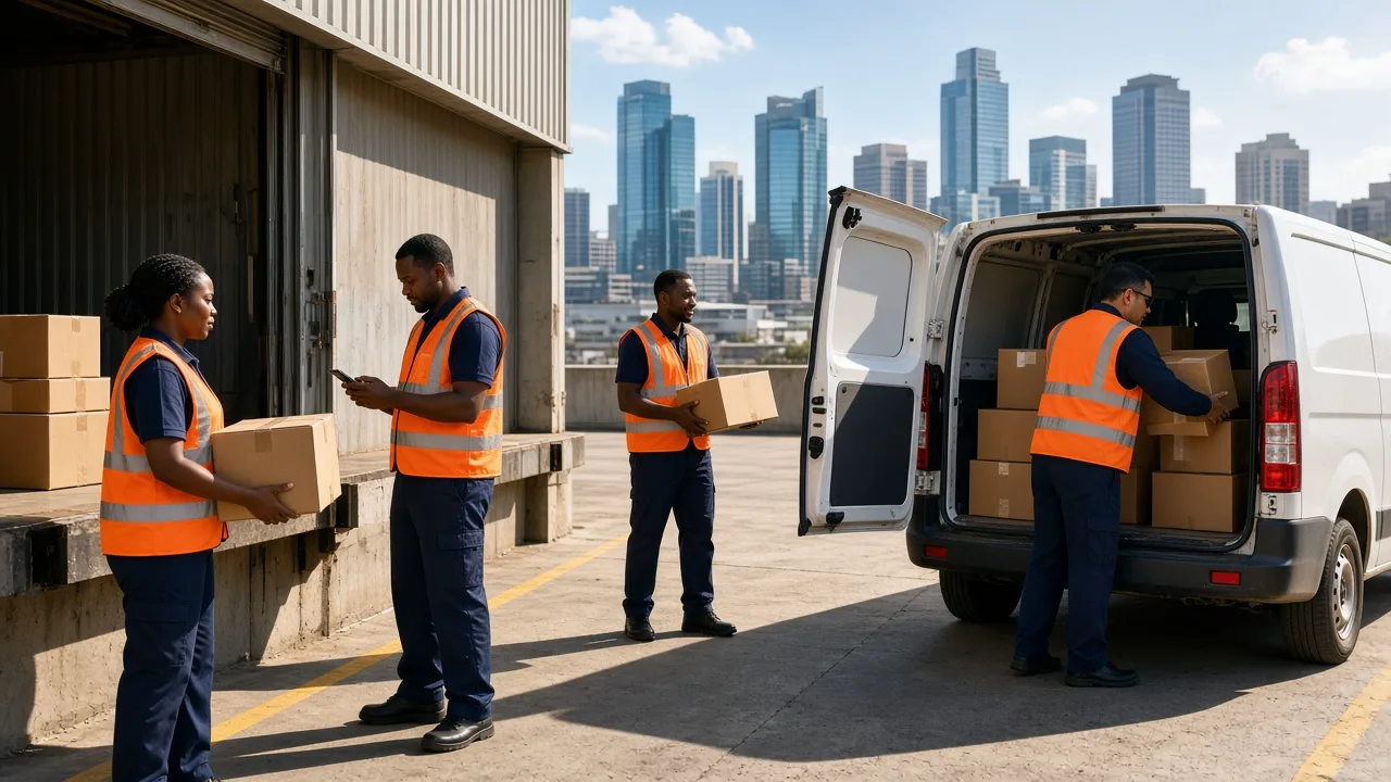 Logistics team coordinating parcel deliveries while a driver prepares shipments for distribution across a South African city.