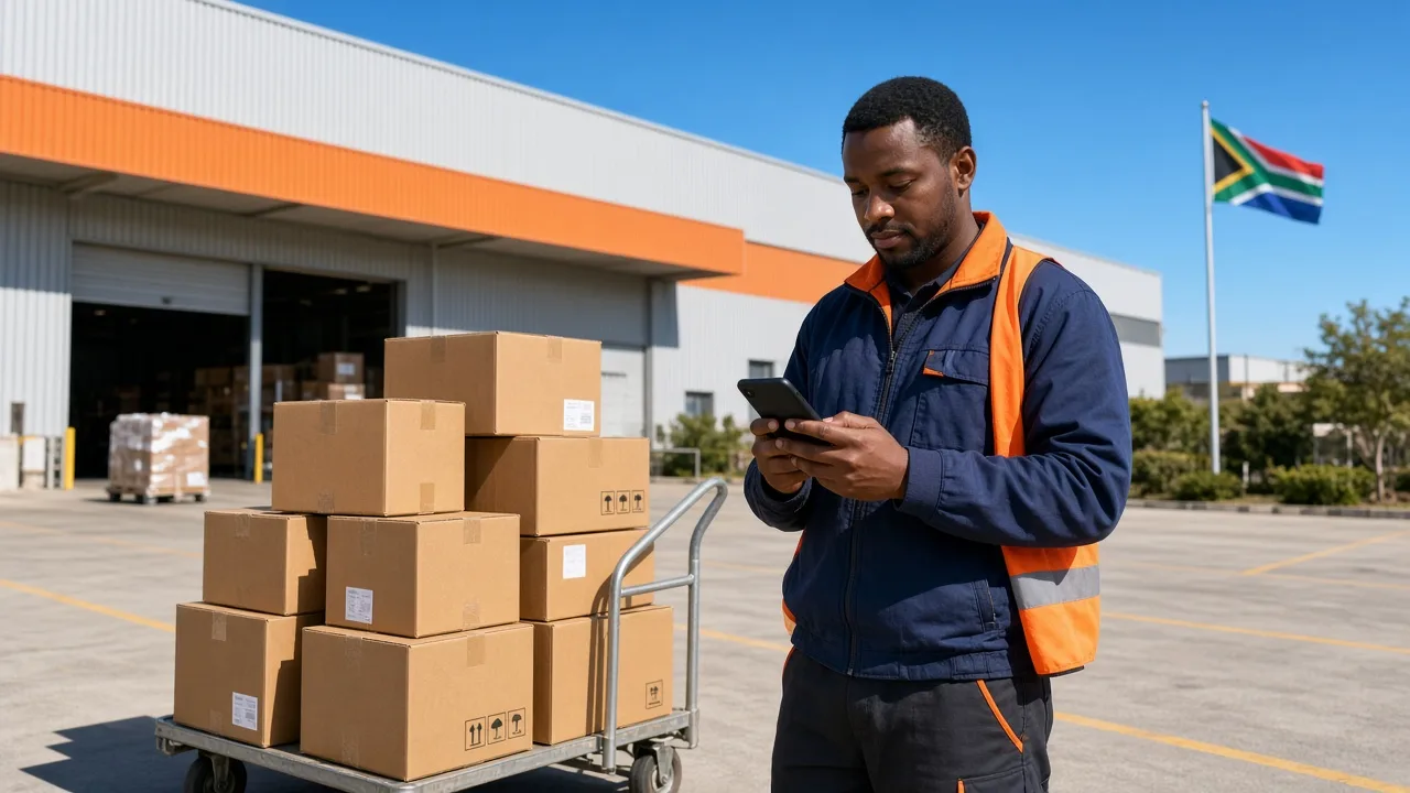 Delivery driver managing parcel assignments and shipment updates through a mobile application outside a logistics centre.