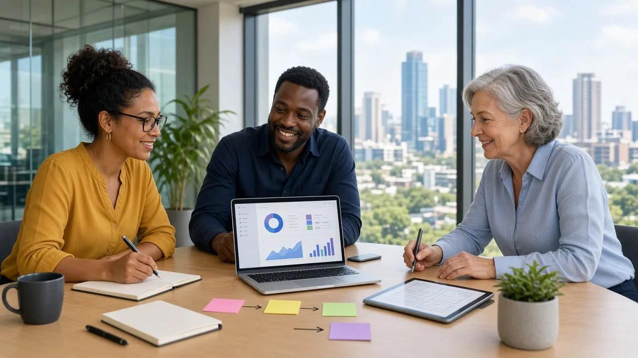 Financial technology specialists discussing custom loan management software requirements through digital dashboards and collaborative planning