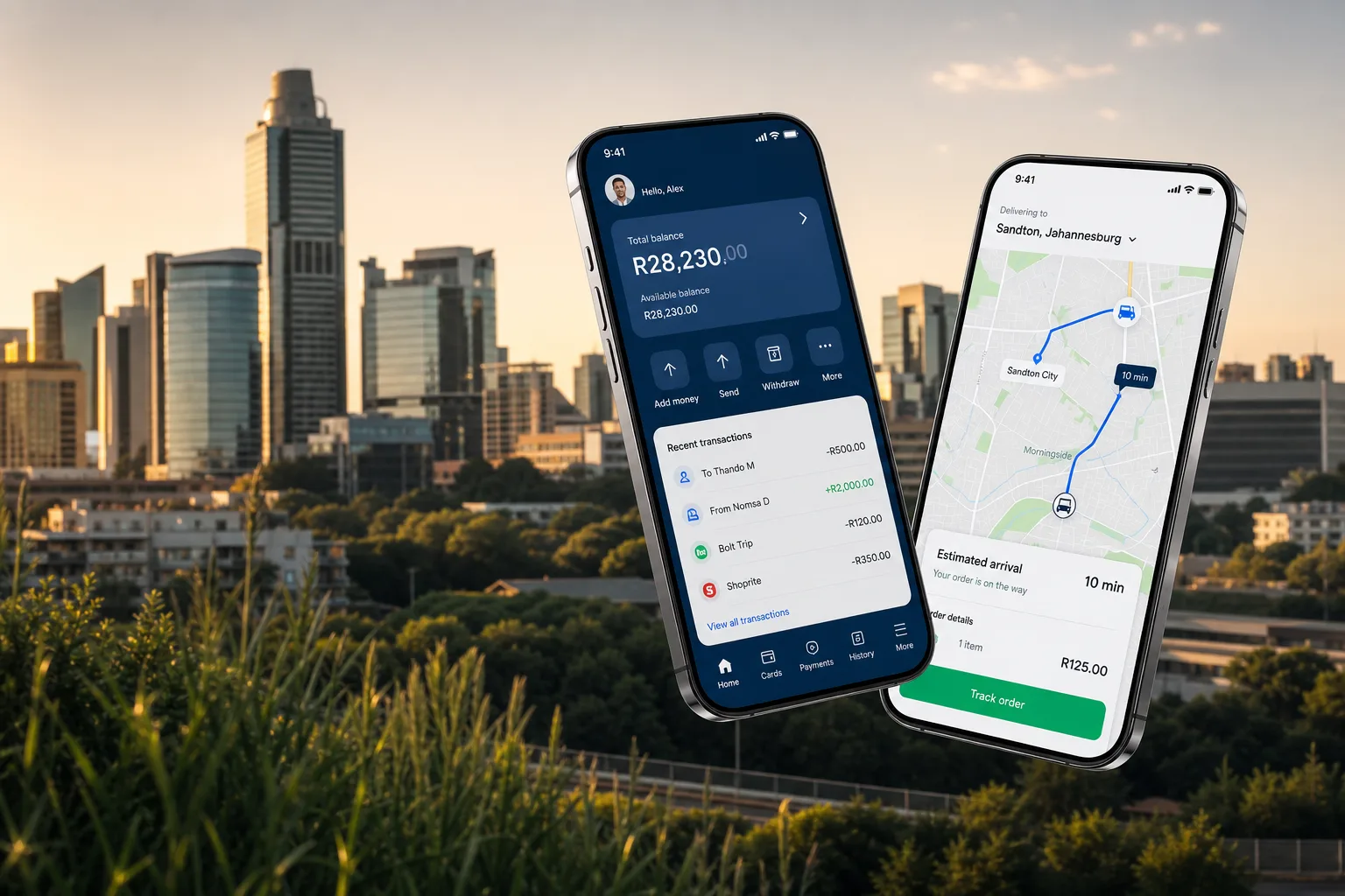 Futuristic mobile app development visual with Johannesburg skyline and floating devices
