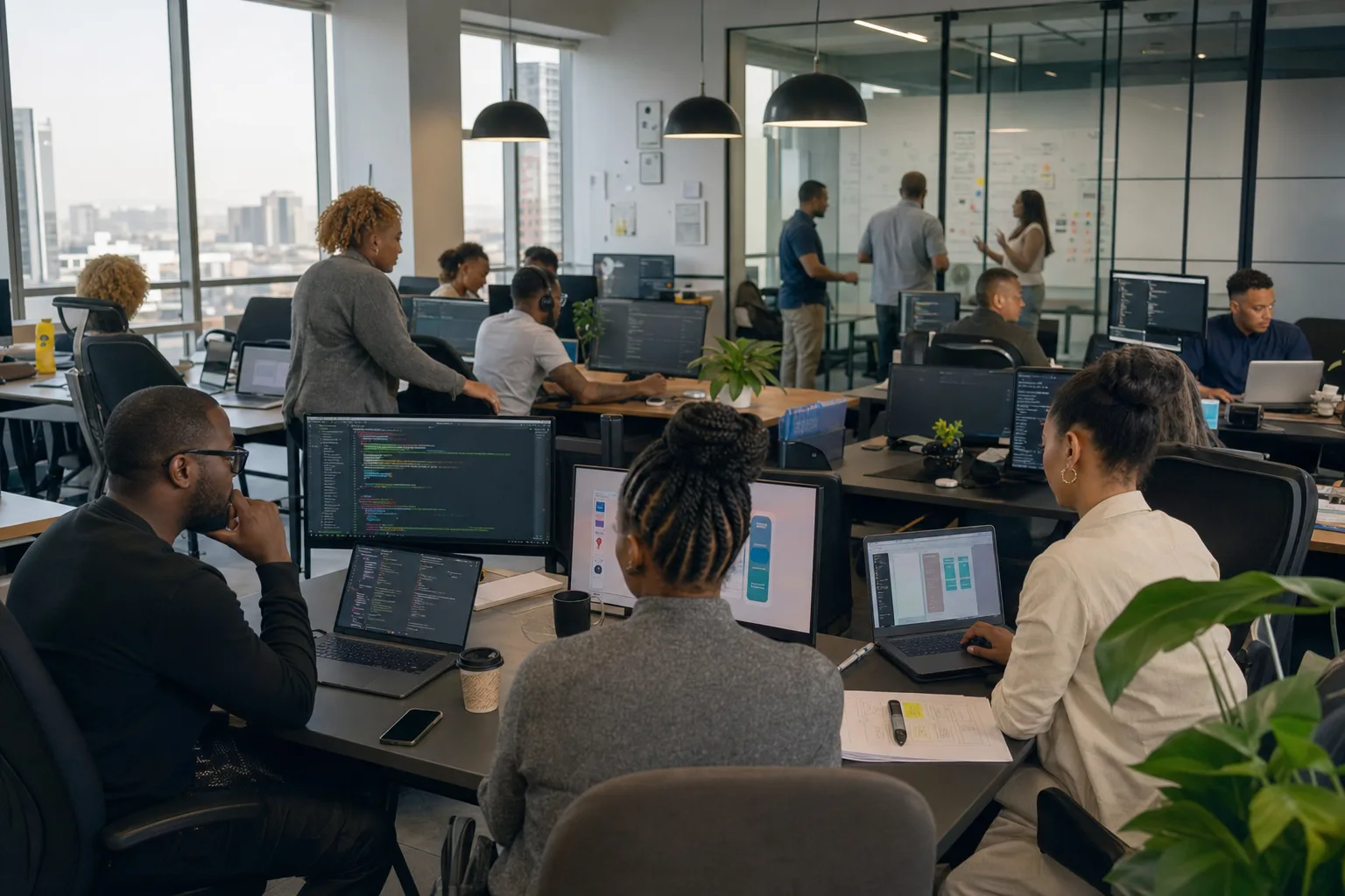 Full-stack mobile app development team collaborating in a Sandton technology office