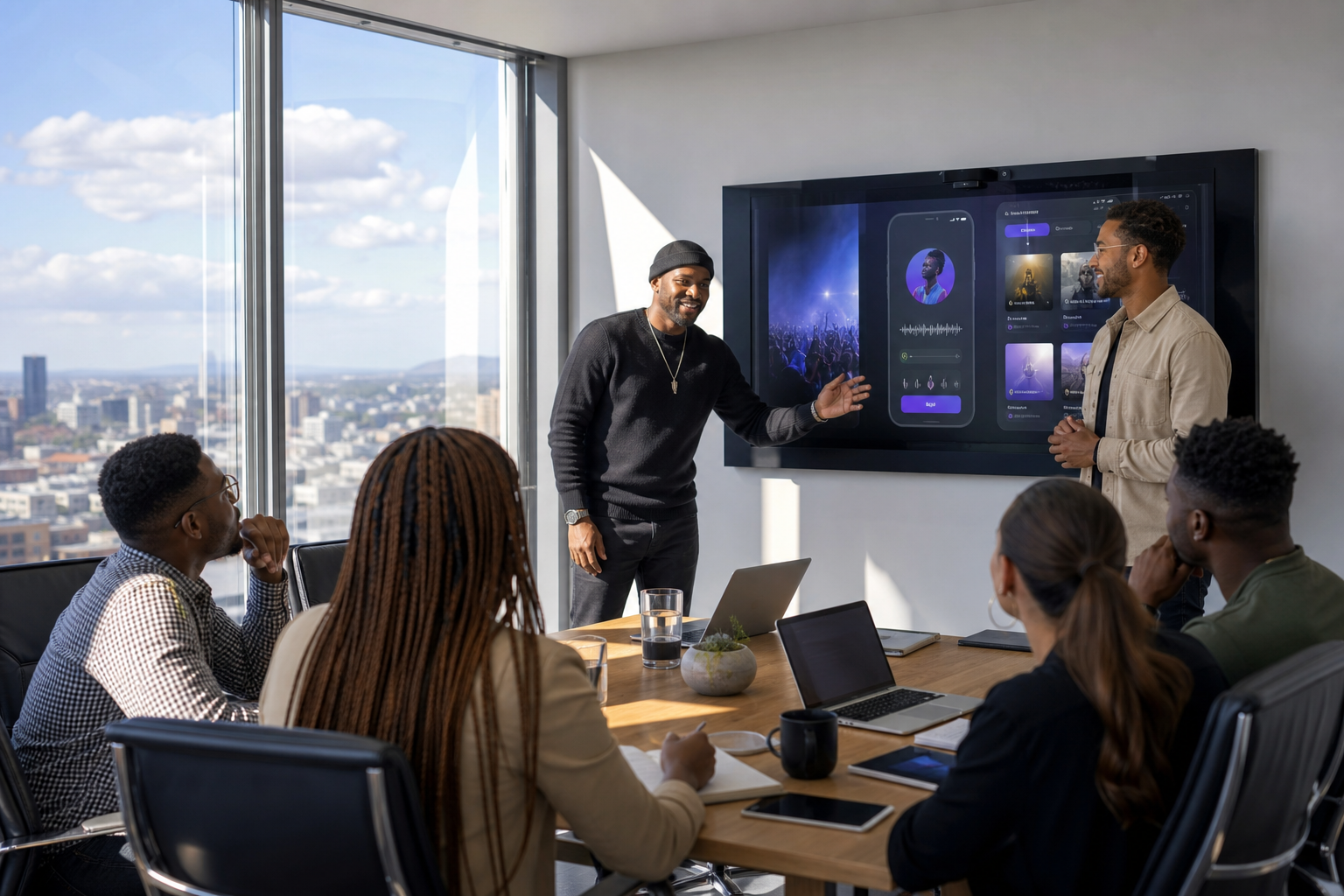 Music streaming app development company in South Africa consulting with an entertainment business