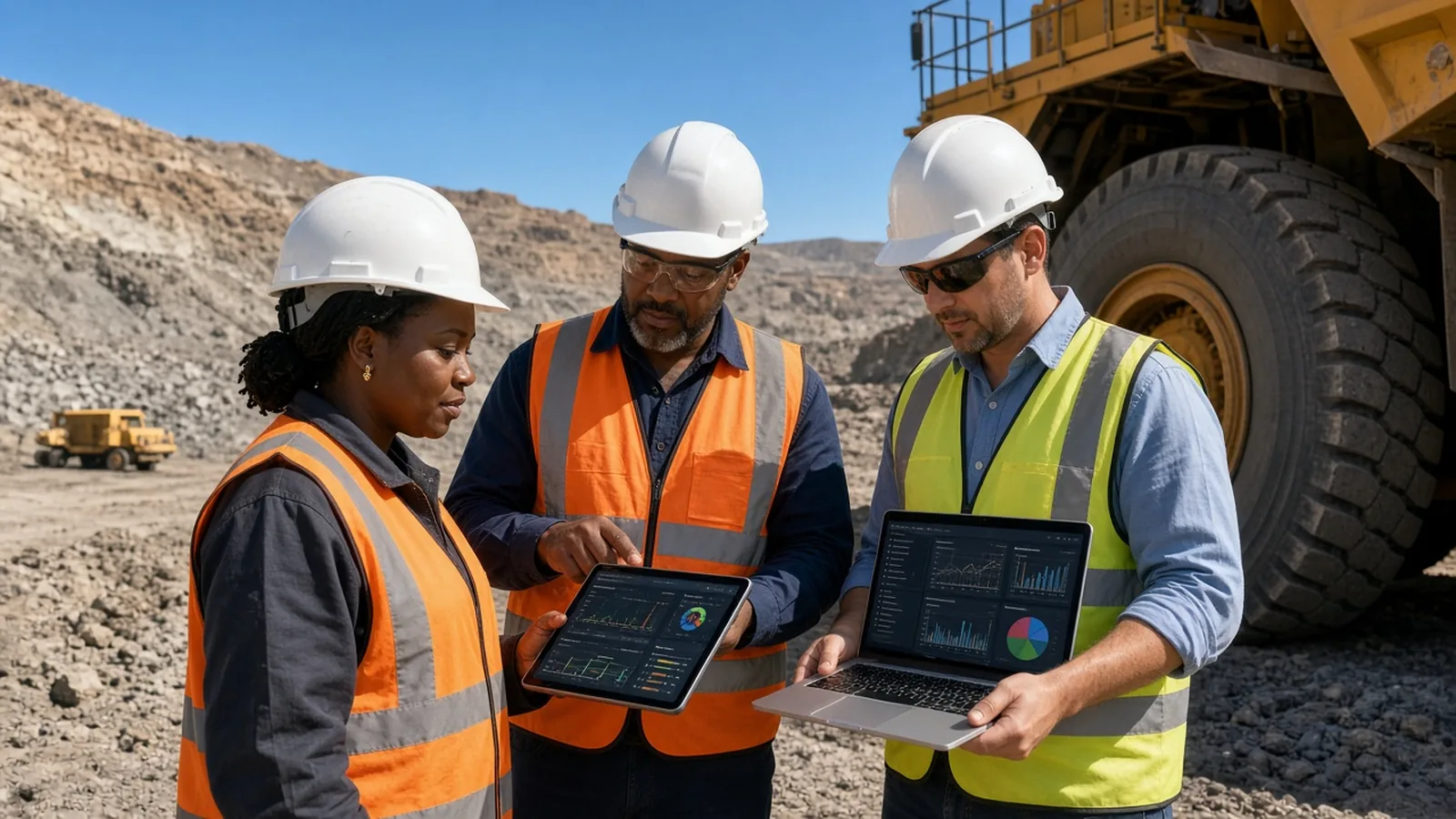 South African mining operations team using custom software for equipment workforce safety and production management