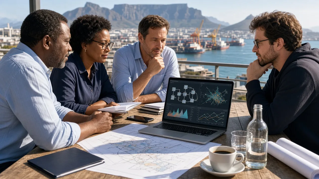 Port planners and a developer reviewing abstract berth charts beside a sunny harbour.