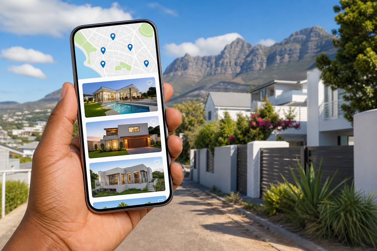 Bright property marketplace app with residential listings and map search in South Africa