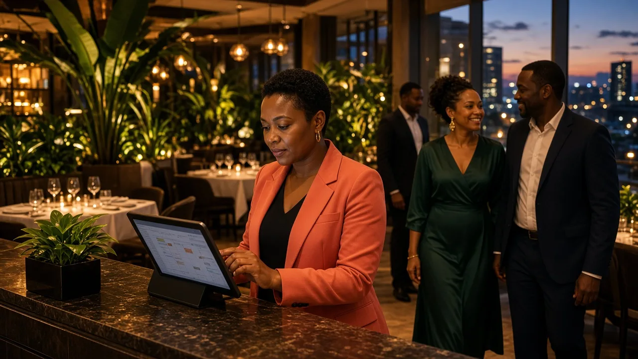 Restaurant manager checking digital reservations while guests arrive for dinner at a modern South African hospitality venue.