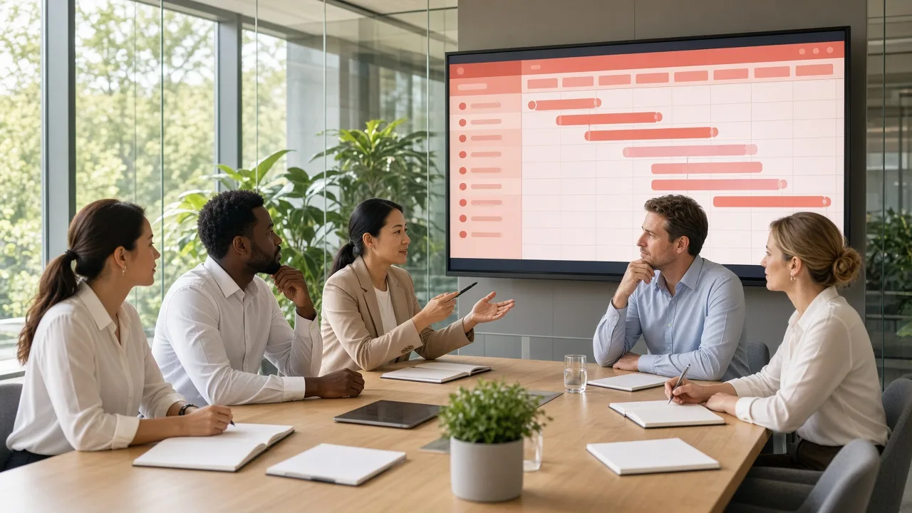 Hospitality team planning custom reservation software with booking calendars, availability rules, and project timelines in a bright South African meeting room.