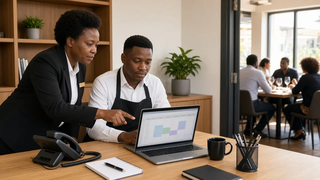 Hospitality manager reviewing digital reservations while staff coordinate customer bookings at a modern South African business.
