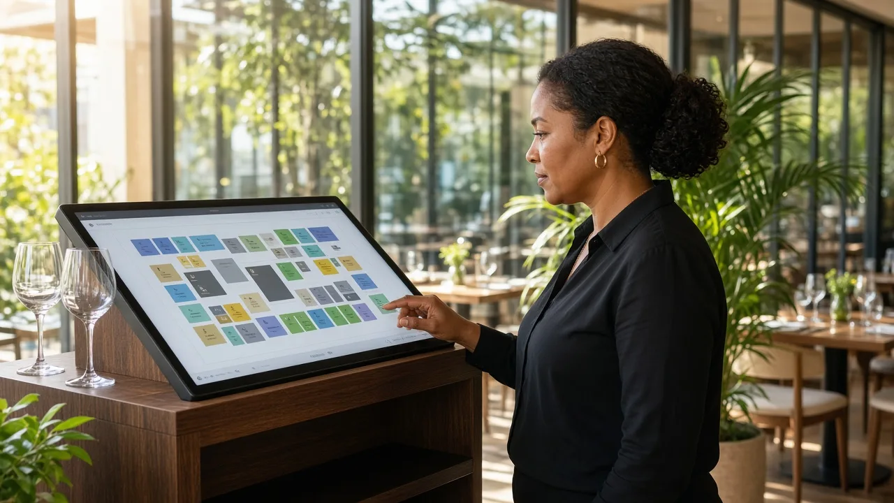 Restaurant manager reviewing table reservations and guest seating schedules on a digital booking dashboard in South Africa.