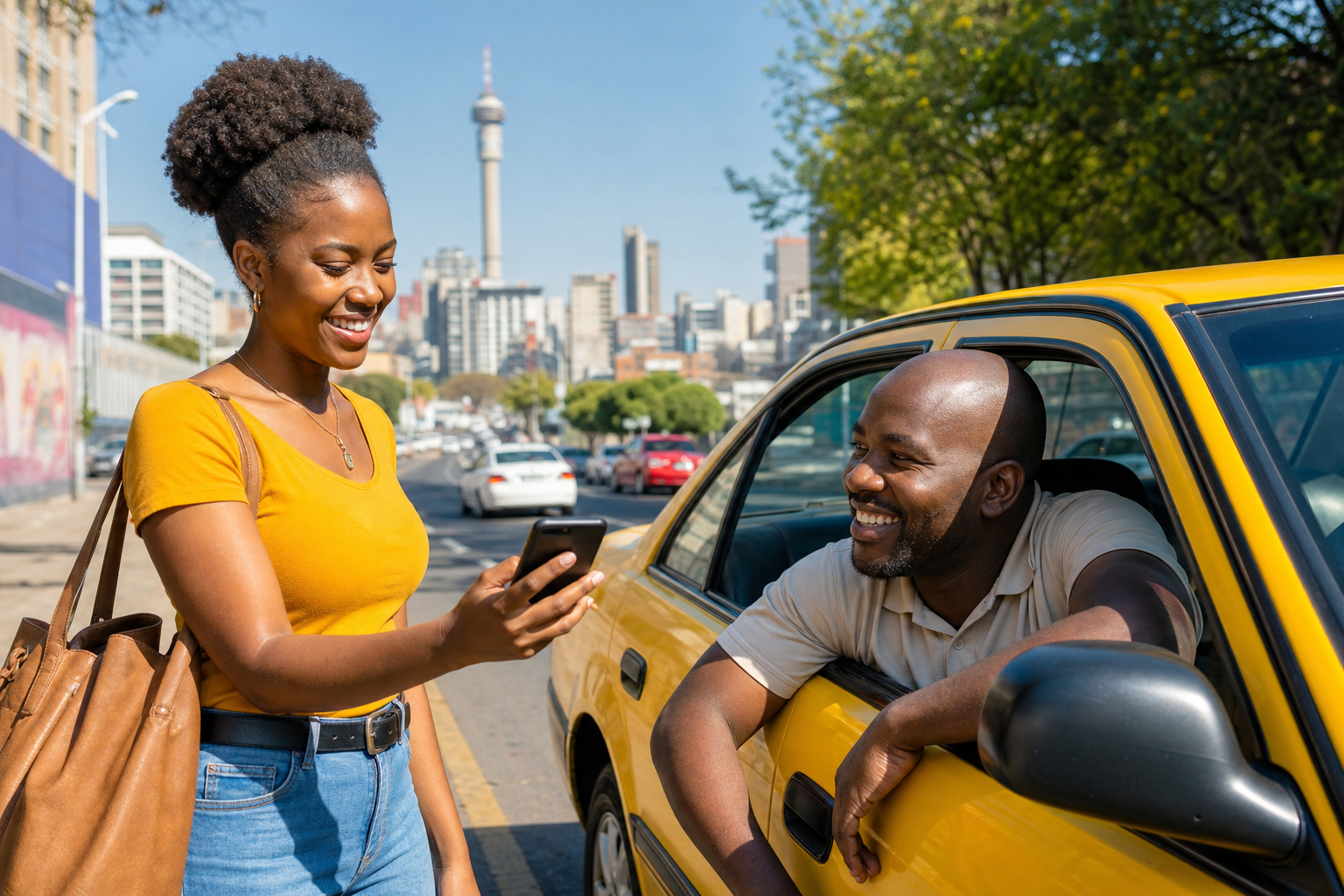 Bright ride hailing app connecting passengers and drivers across a sunny Johannesburg street