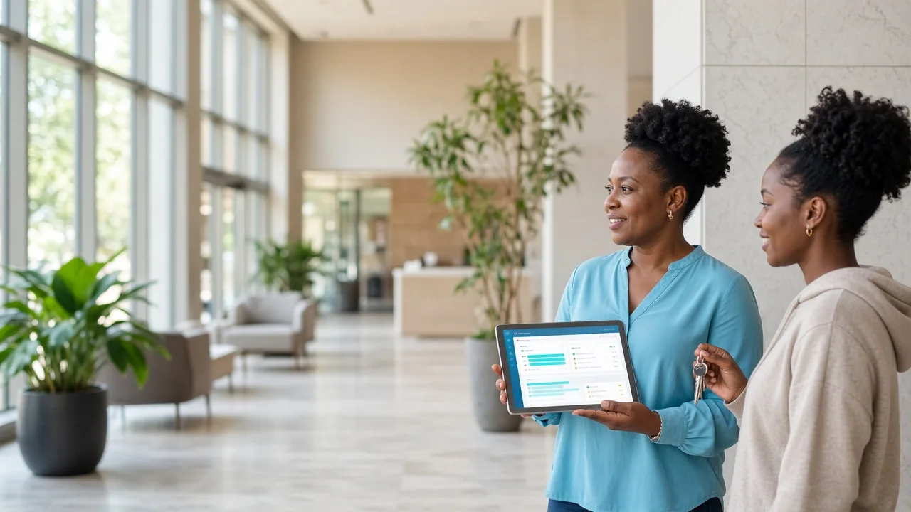 South African property manager reviewing tenant records, rental payments and lease agreements through a digital dashboard