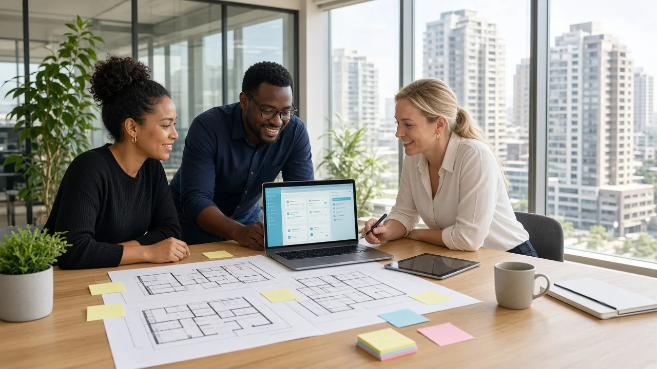 Property technology specialists discussing custom tenant management software requirements through dashboards and collaborative project planning