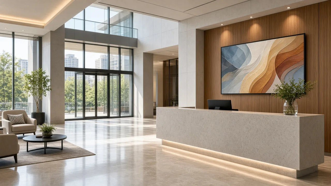 Bright Johannesburg corporate lobby with a reception desk and an abstract visitor board.