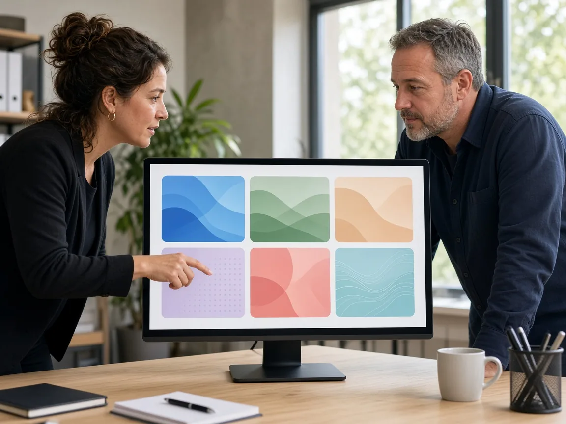 Designer and facilities manager reviewing a custom visitor dashboard in a bright office.