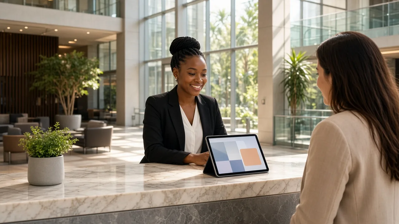 Receptionist welcoming a visitor at a bright Sandton office desk with a tablet showing abstract check-in cards.
