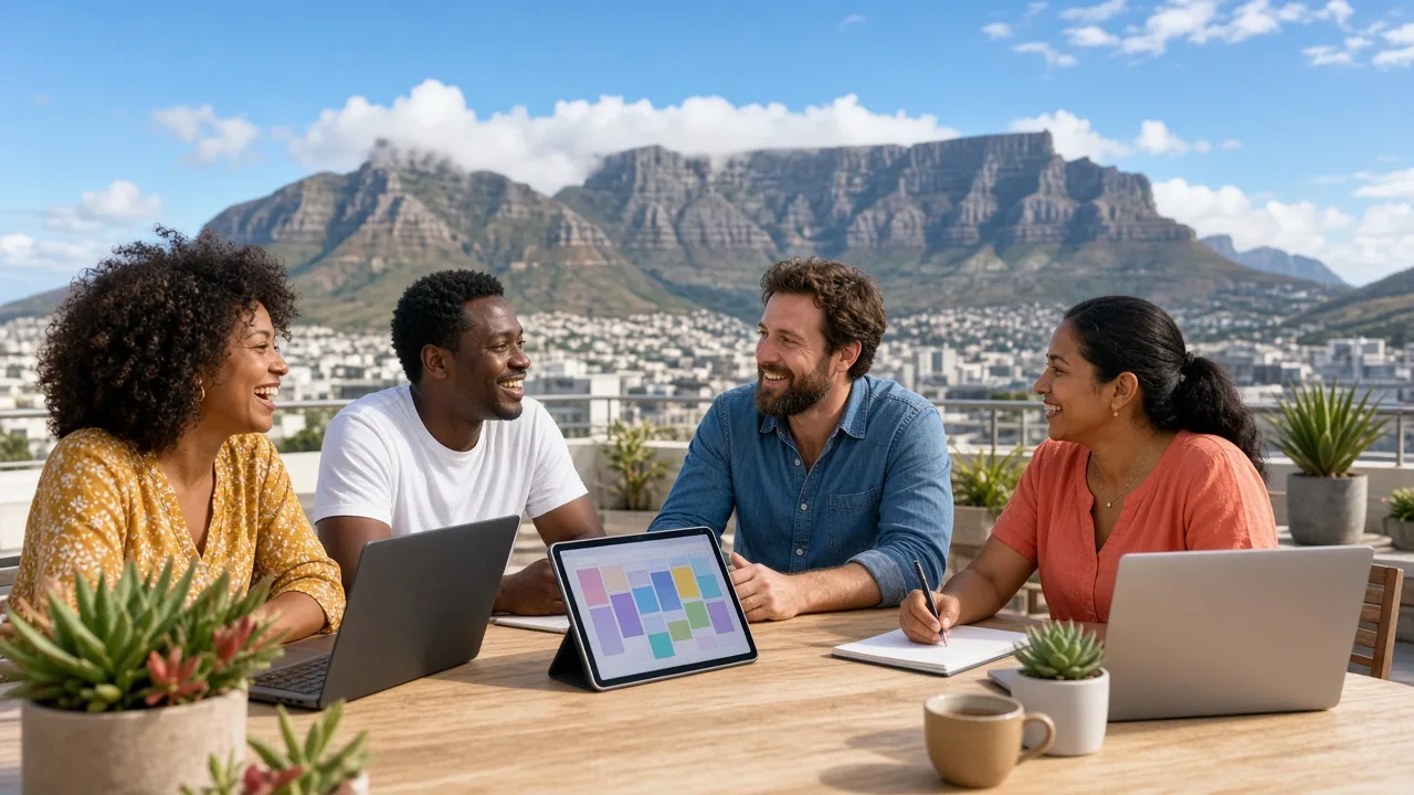 Dedicated development team planning a software project in a sunlit Cape Town office