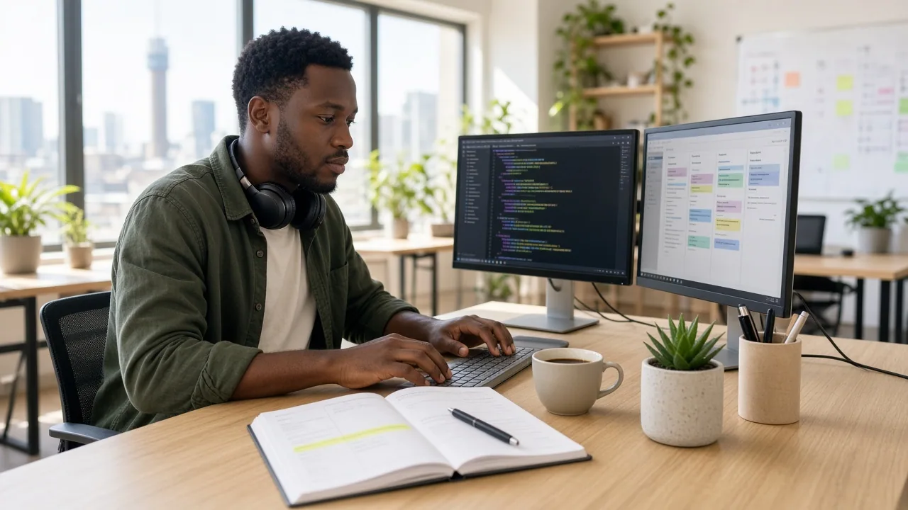South African part time developer working a focused morning session beside a planner showing scheduled hours