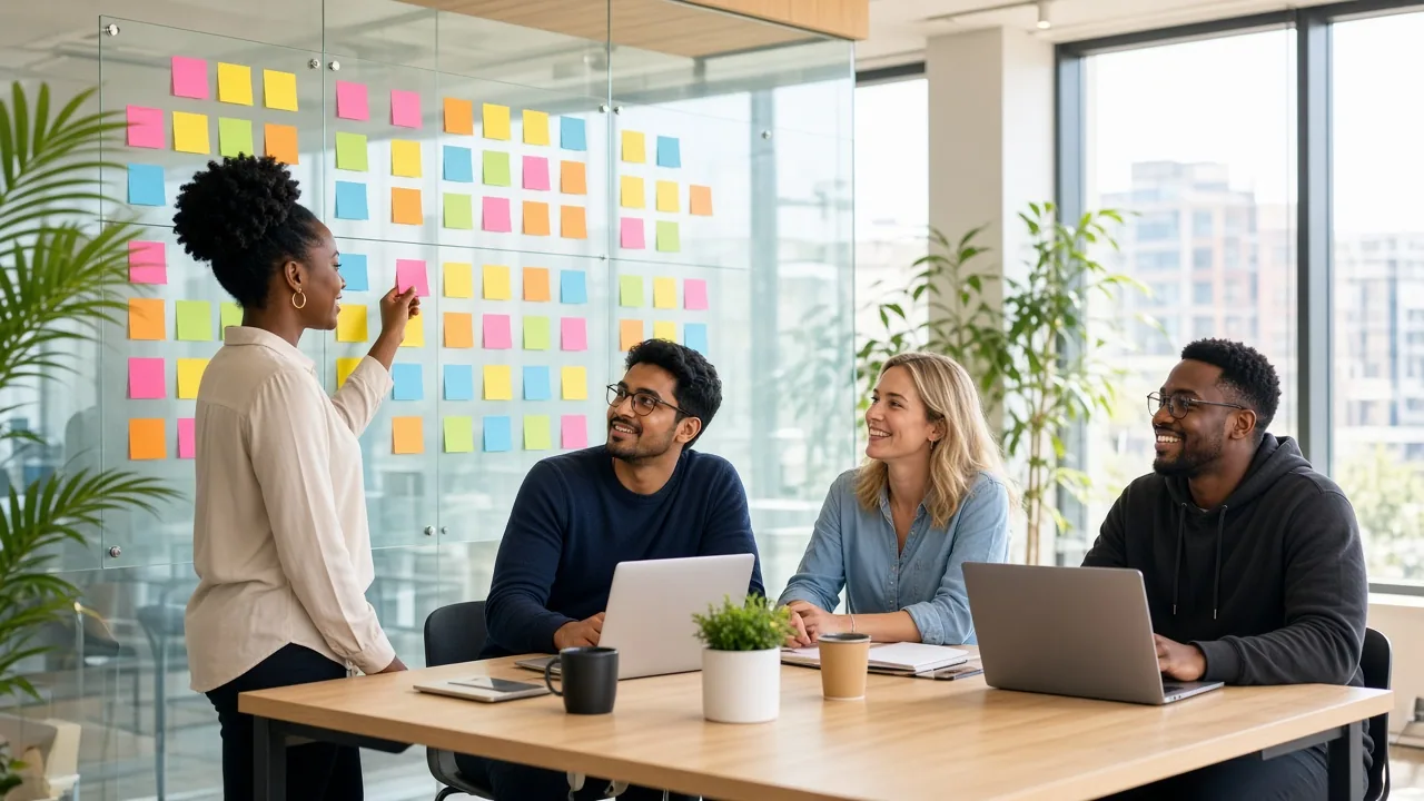 Part time developers and an in house team planning sprint tasks together in a bright Johannesburg office