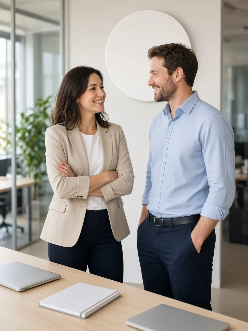 Two colleagues talk in a sunny office beside a table with closed laptops and a blank notebook.